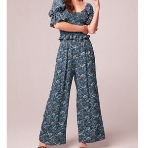 Band of the Free Elise Teal Boho Casual Resort Floral Wide Leg Pants Large